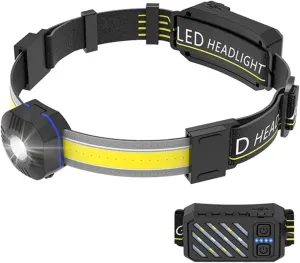 10 Mode COB XPG Headlamp,Ultra Low Profile Durable Elastic Headband USB Rechargeable 90°Adjustable Waterproof Strong Light Head Torch, Power Display Red Warning Light