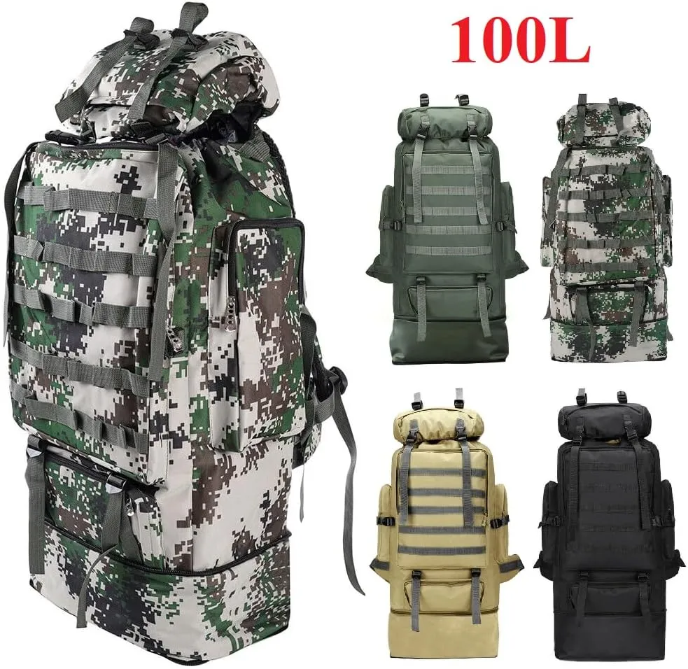 100L Camping Hiking Backpack, Large Military Tactical Backpack Waterproof Travel Daypack Survival Rucksack Bushcraft Backpack Lightweight Outdoor Camping Bag, Jungle Camouflage