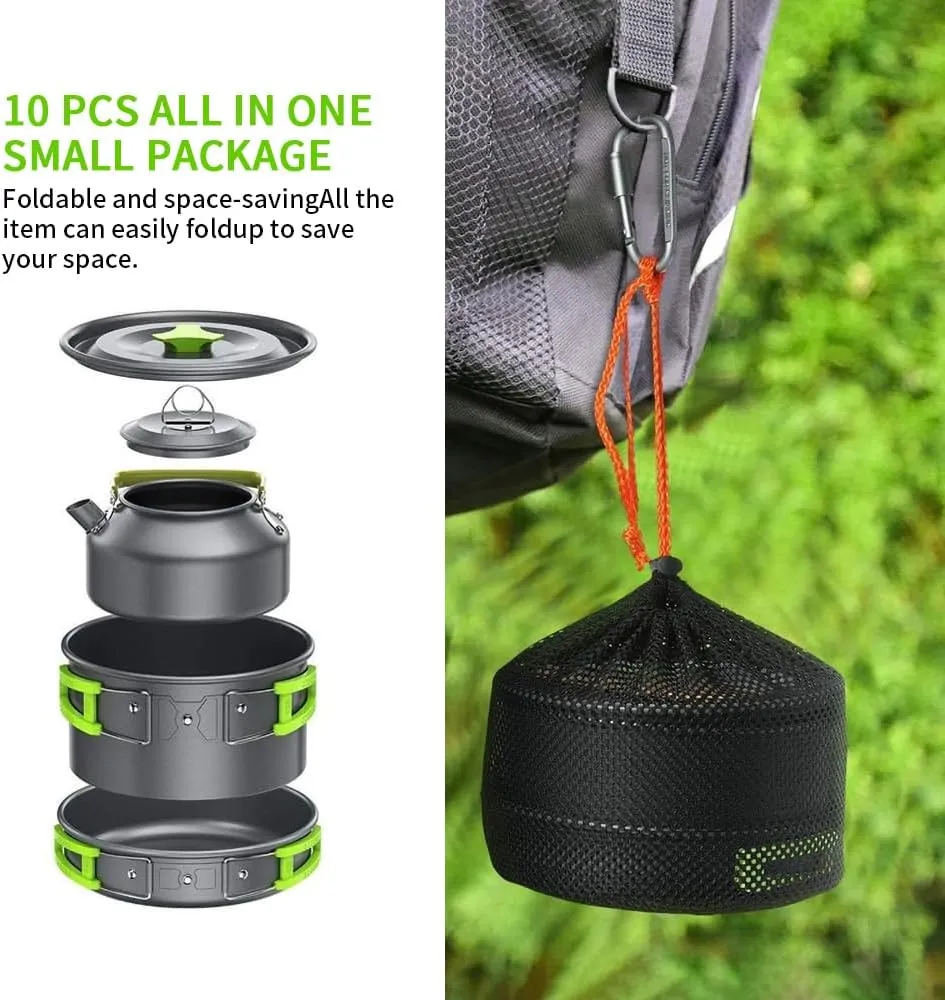 10pcs Camping Cookware Camping Pots and Pans Set with Kettle Plastic Bowls and Soup Spoon for Camping, Outdoor Cooking and Picnic, Backpacking (Orange)