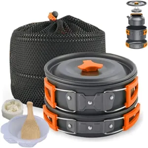 10pcs Camping Cookware Camping Pots and Pans Set with Kettle Plastic Bowls and Soup Spoon for Camping, Outdoor Cooking and Picnic, Backpacking (Orange)