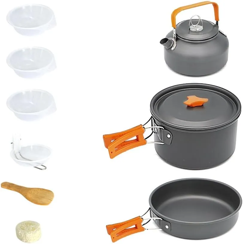 10pcs Camping Cookware Camping Pots and Pans Set with Kettle Plastic Bowls and Soup Spoon for Camping, Outdoor Cooking and Picnic, Backpacking (Orange)