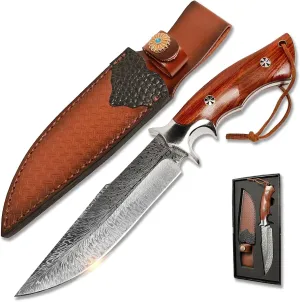 11" Razor-Sharp Fixed Blade Hunting Knife, Integrated Full-Tang Design, Elegant Wooden Handle & Leather Sheath - Perfect for Outdoor, Camping, Hiking, and Survival Knives