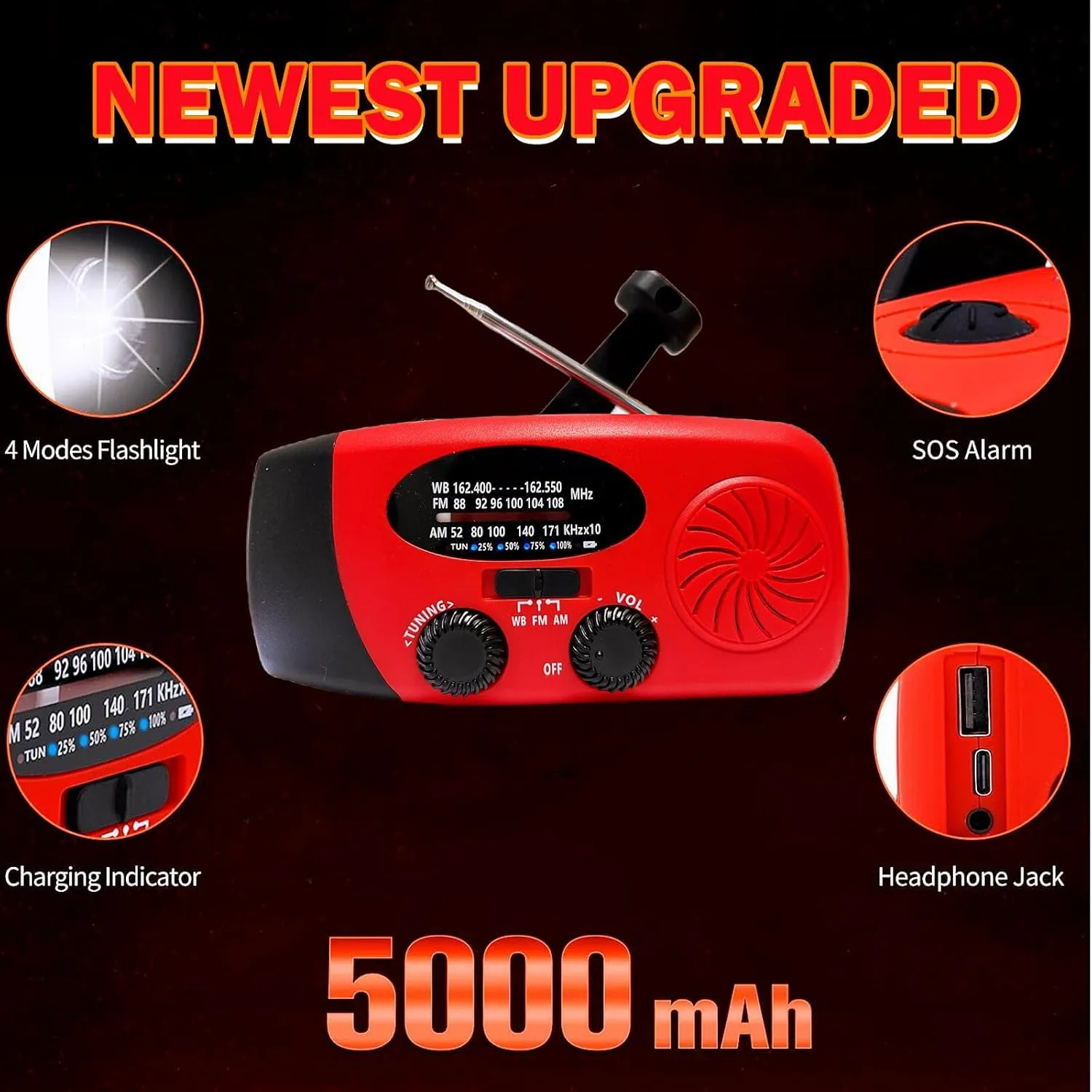 18500mWh/5000mAh Emergency Crank Weather Radio, iRonsnow NOAA/FM/AM Solar Radios, Portable Survival Radio with SOS, Earphone Jack, 1W 4 Modes LED Flashlight, Cell Phone Charger for Camping Hiking