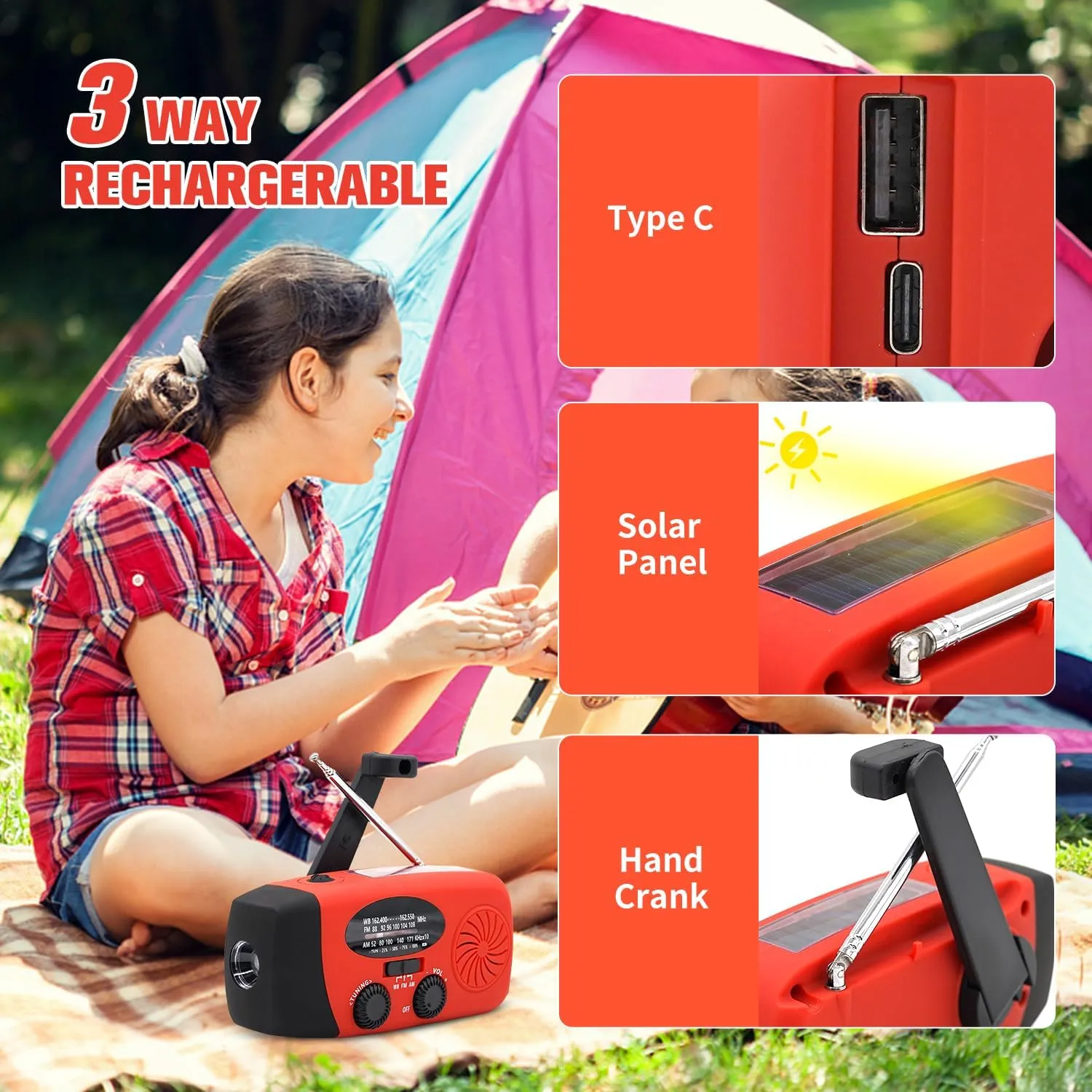 18500mWh/5000mAh Emergency Crank Weather Radio, iRonsnow NOAA/FM/AM Solar Radios, Portable Survival Radio with SOS, Earphone Jack, 1W 4 Modes LED Flashlight, Cell Phone Charger for Camping Hiking