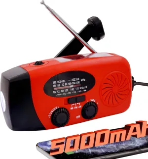 18500mWh/5000mAh Emergency Crank Weather Radio, iRonsnow NOAA/FM/AM Solar Radios, Portable Survival Radio with SOS, Earphone Jack, 1W 4 Modes LED Flashlight, Cell Phone Charger for Camping Hiking