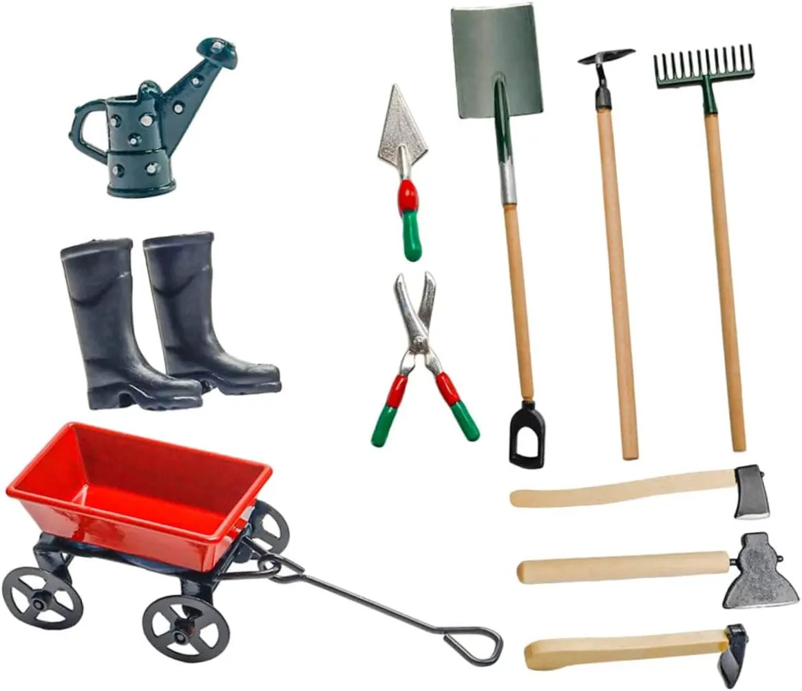 1Set Miniature Gardening Tools Set Dollhouse Garden Accessories with Wheelbarrow Watering Can Shovels and More for Miniature Gardening Projects