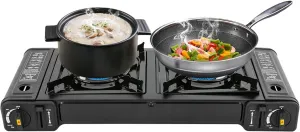 2 Burner Camp Stove Butane Gas Stove, Portable Double Burner Camping Stove With Grill Tray And Storage Case, Butane Camp Stove For Outdoor Camping BBQ, Piezoelectric Ignition