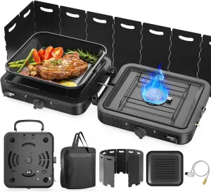 2 Burner Portable Camping Stove Propane, Folding Propane Stove for Camping, Camp Stove with 17,000 BTU,Two Adjustable Burners Gas Camping Stove with Carrying Bag for Outdoor Cooking,BBQ