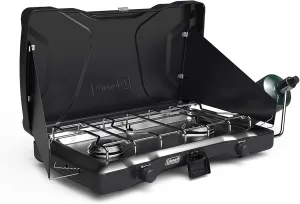 2-Burner Propane Camping Stove, Portable Camping Grill/Stove with Adjustable Burners, Wind Guards, Heavy-Duty Latch & Handle, 22,000 Total BTUs of Power for Camping, Tailgating, BBQ