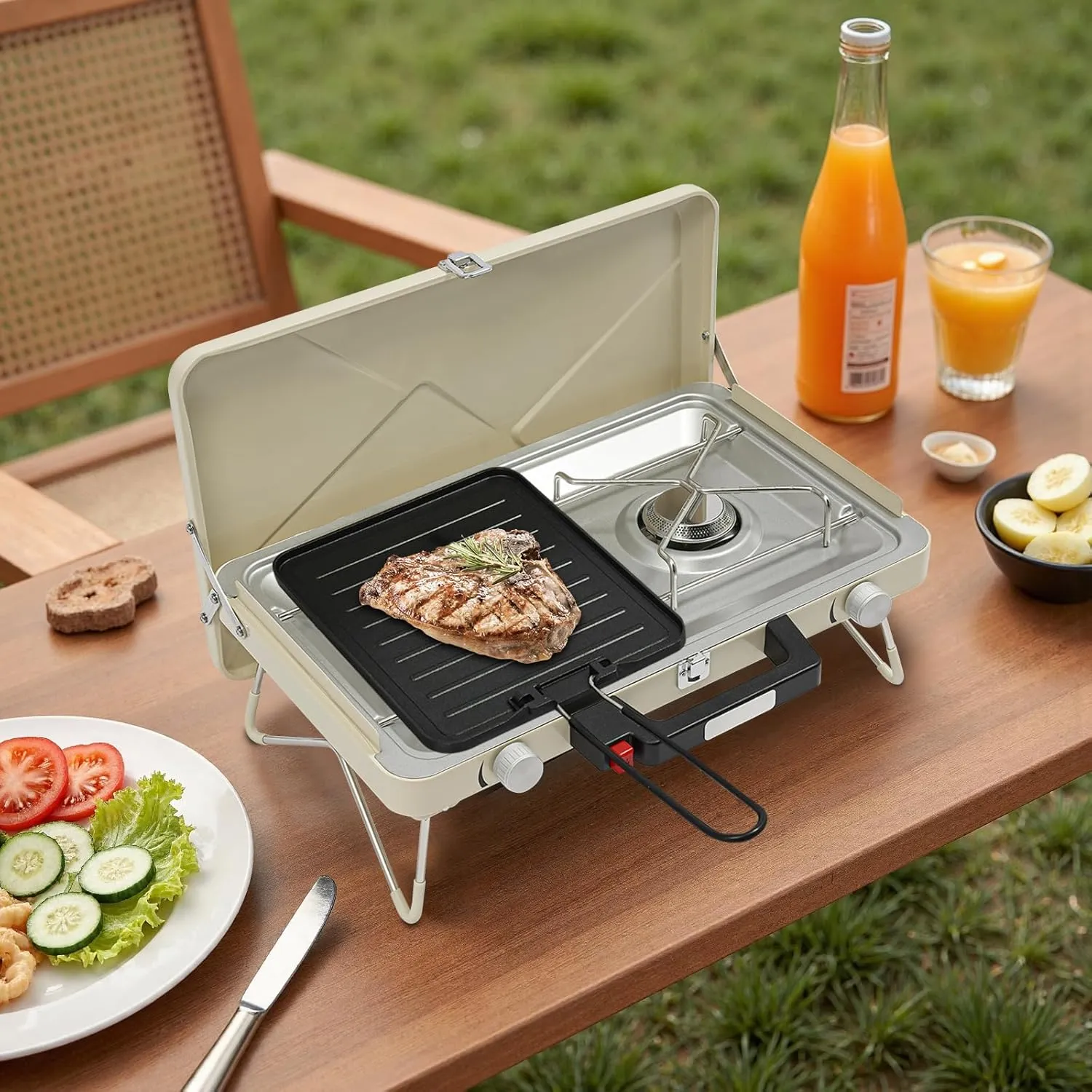 2-Burner Propane Camping Stove,Portable Camp Stove with Adjustable Burners,Toast Tray,Carrying Handle,Camping Grill for BBQ Picnics Cooking (White)