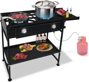2 burner propane stove Gas burner -150,000 High btu Propane Burner Camping Stove W/Detachable legs, Side & Bottom Shelf Double burner Propane Stove outdoor - W/CSA-approved 0-20 PSI regulator & hose.