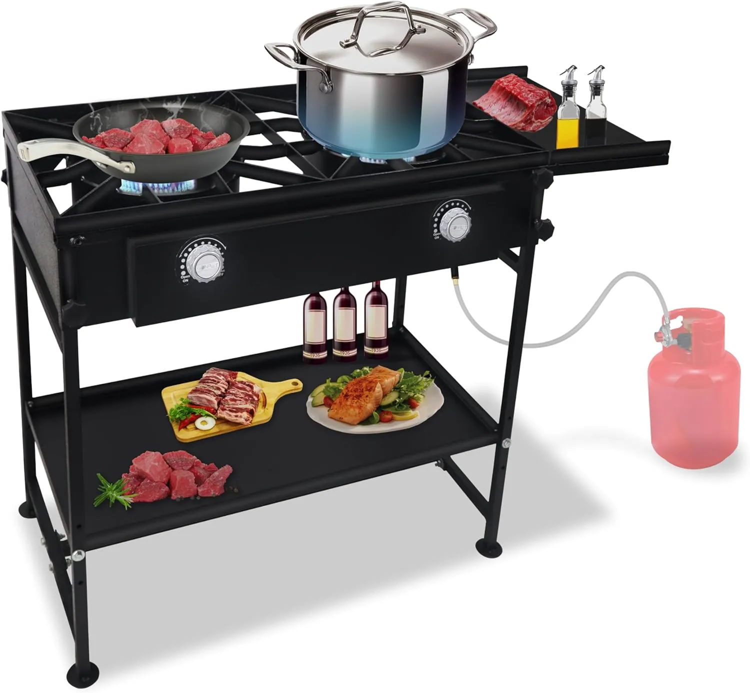 2 burner propane stove Gas burner -150,000 High btu Propane Burner Camping Stove W/Detachable legs, Side & Bottom Shelf Double burner Propane Stove outdoor - W/CSA-approved 0-20 PSI regulator & hose.