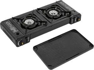 2 Hearth Butane Camping Stoves, Portable Camping Stove with Baking Tray, Adjustable Burner Grill for Car Camping BBQ Picnics Outdoor Cooking Camping Gas Stove 25.2 * 10.94 * 3.15 In