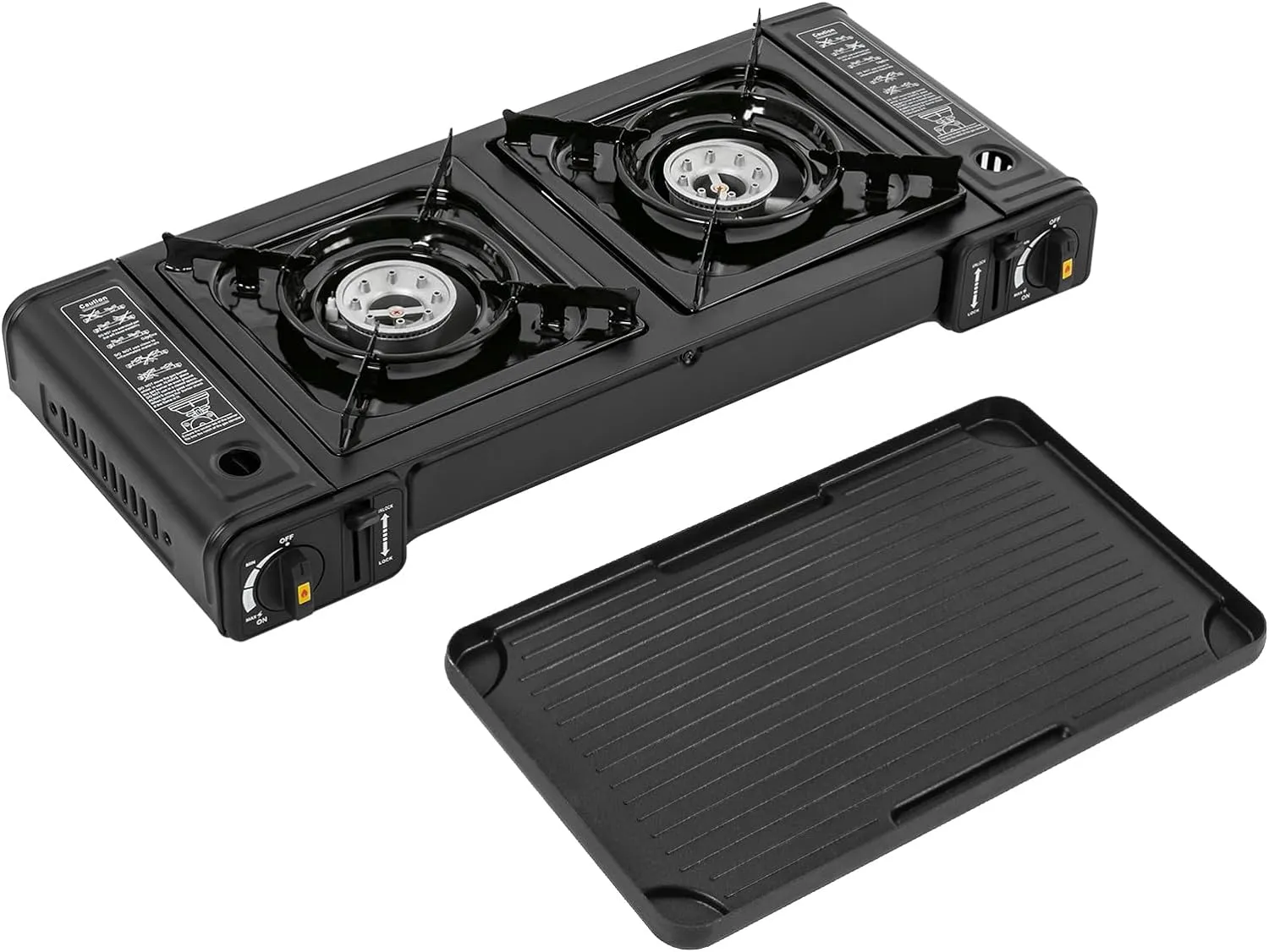 2 Hearth Butane Camping Stoves, Portable Camping Stove with Baking Tray, Adjustable Burner Grill for Car Camping BBQ Picnics Outdoor Cooking Camping Gas Stove 25.2 * 10.94 * 3.15 In