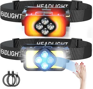 2-Pack Headlamp Flashlight, 3000 Lumen Ultra-Light Bright LED Rechargeable Headlight with White Red Light, Waterproof Motion Sensor Head Lamp,6 Light Mode for Outdoor Camping Running Hiking Fishing