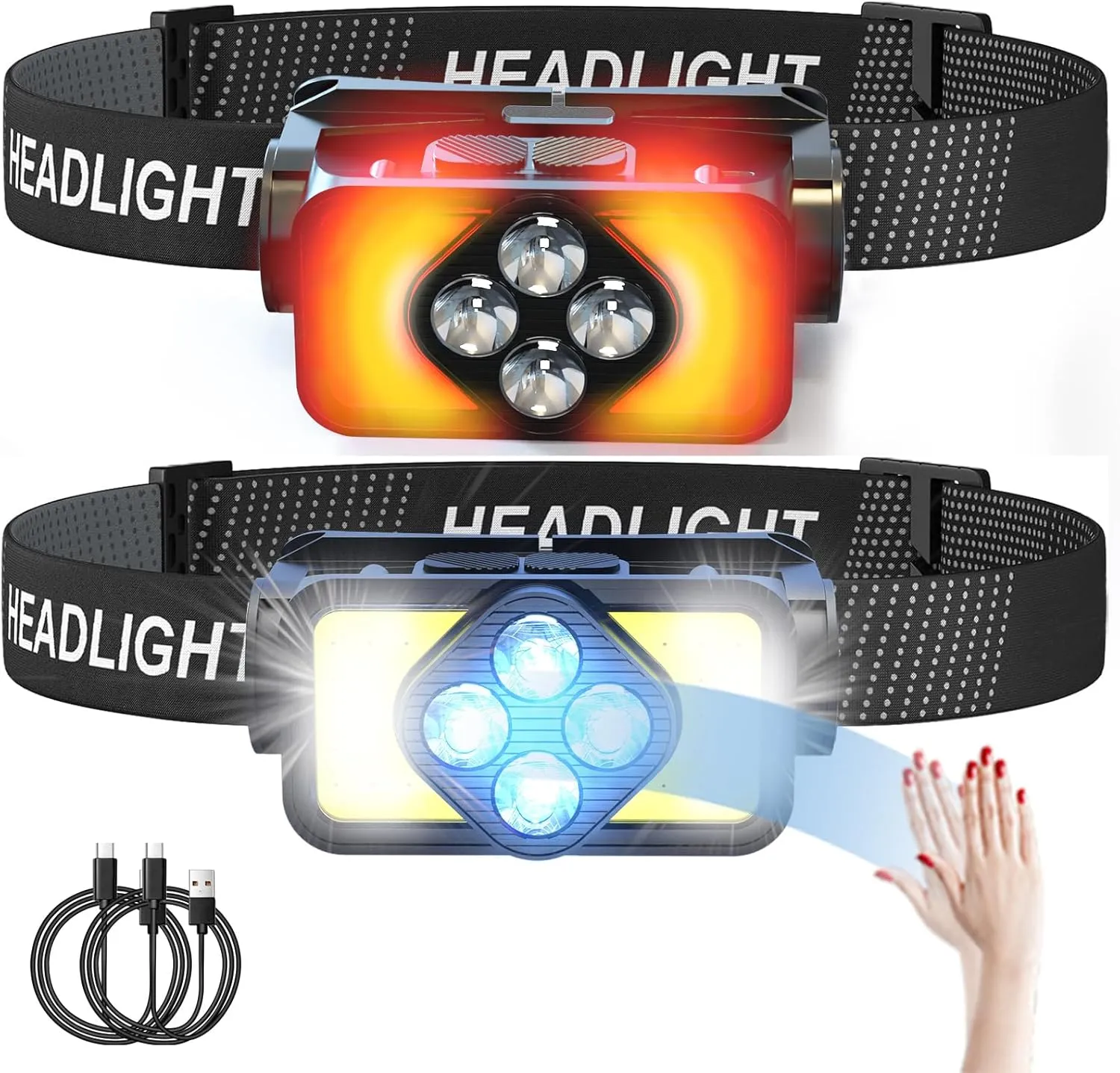 2-Pack Headlamp Flashlight, 3000 Lumen Ultra-Light Bright LED Rechargeable Headlight with White Red Light, Waterproof Motion Sensor Head Lamp,6 Light Mode for Outdoor Camping Running Hiking Fishing