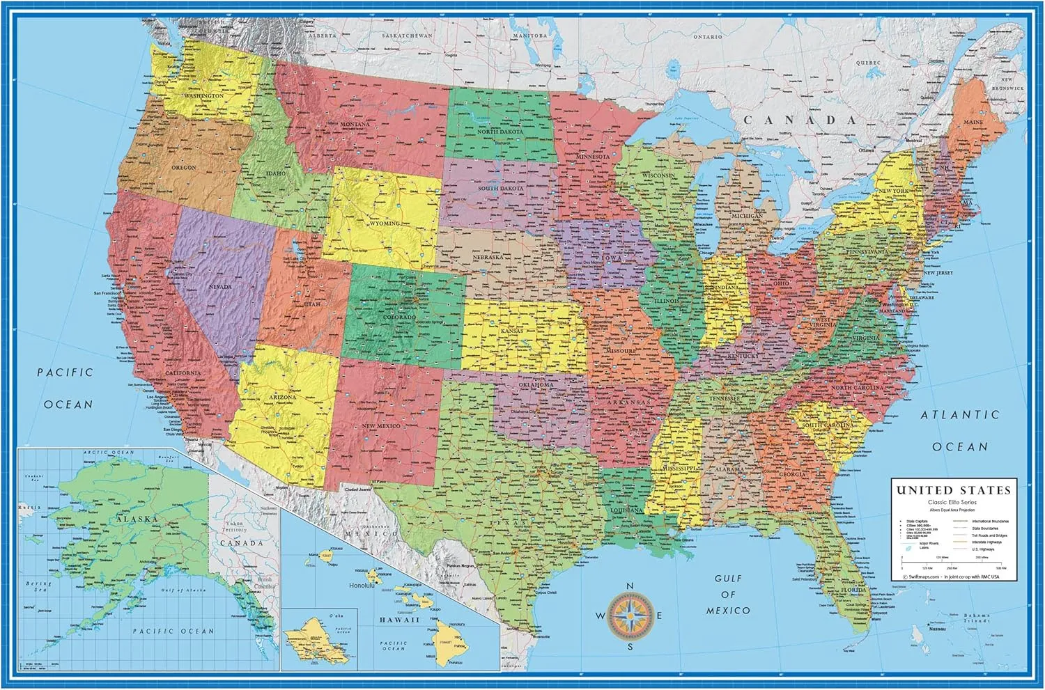 24x36 United States Classic Premier Blue Oceans 3D Wall Map Poster, Laminated Edition