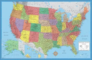 24x36 United States Classic Premier Blue Oceans 3D Wall Map Poster, Laminated Edition