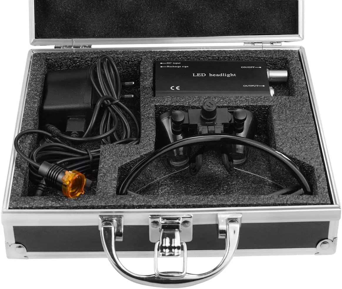 2.5X420mm Binocular Loupe 3W LED Head Light Lamp Lab Loupes Magnification Binocular Headlight Headlamp with Aluminum Box (Black)