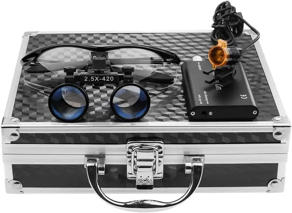 2.5X420mm Binocular Loupe 3W LED Head Light Lamp Lab Loupes Magnification Binocular Headlight Headlamp with Aluminum Box (Black)
