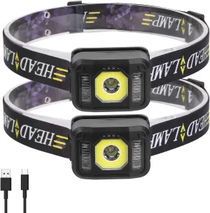 2Packs Rechargeable Motion Sensor Headlamp, Lightweight Head Light, Waterproof Head Light Flashlight, 6 Light Modes COB XPG Headlight Torch Flashlight for Fishing Running Camping Hiking
