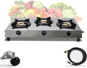 3 burner gas stove top - Stainless Steel Portable Gas Stove 3 Burner gas stove for Camping Heavy-Duty 3 burner stove Propane Countertop Stove Indian Style Gas Stove for Cooking W/Hose & Regulator