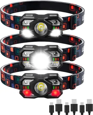 3 Pack Rechargeable Headlamp,Ultra Bright Waterproof LED Head Lamps Motion Sensor with Red Light,5 5 Modes Head Lights for Camping Reading Fishing Hiking