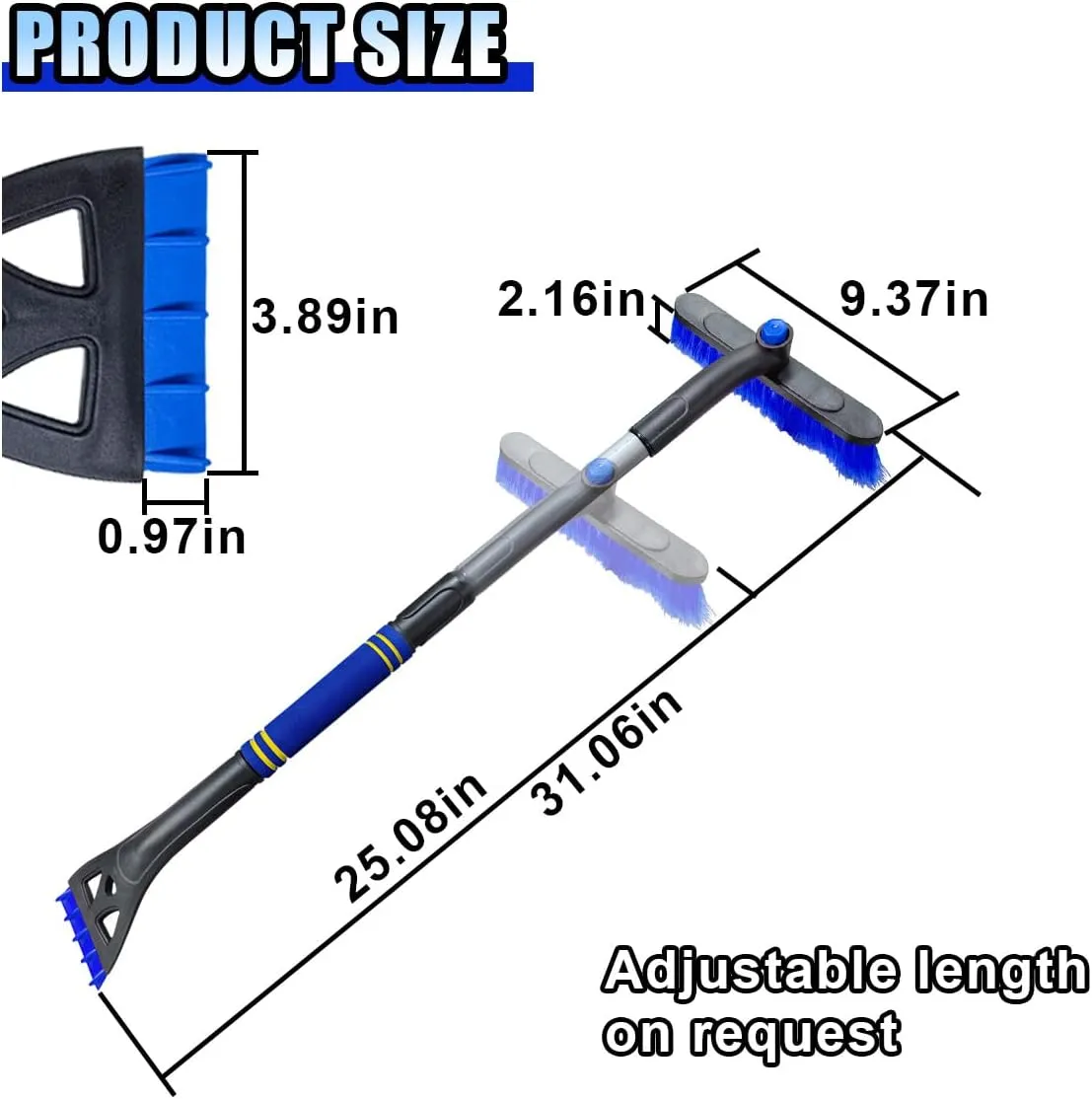 31.5" Detachable Snow Brush and Ice Scraper for Car Windshield, 2-in-1 Winter Snow Removal Tool with Extendable, 360° Rotating Soft Bristle Brush Head and Foam Grip for Most Vehicles (Blue)