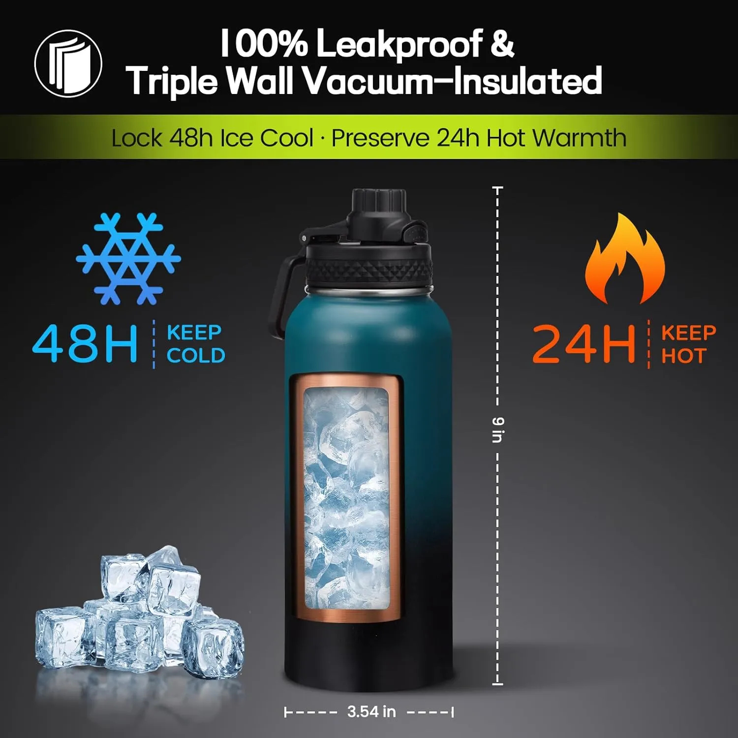 32oz Insulated Water Bottle Flask - Cold-48h & Hot-24h, Stainless Steel Water Bottle Hydro Cup with Paracord Handle, Straw & Spout Lids, Strap Carrier Bag, Meta Water Bottle for Sports Fitness Hiking