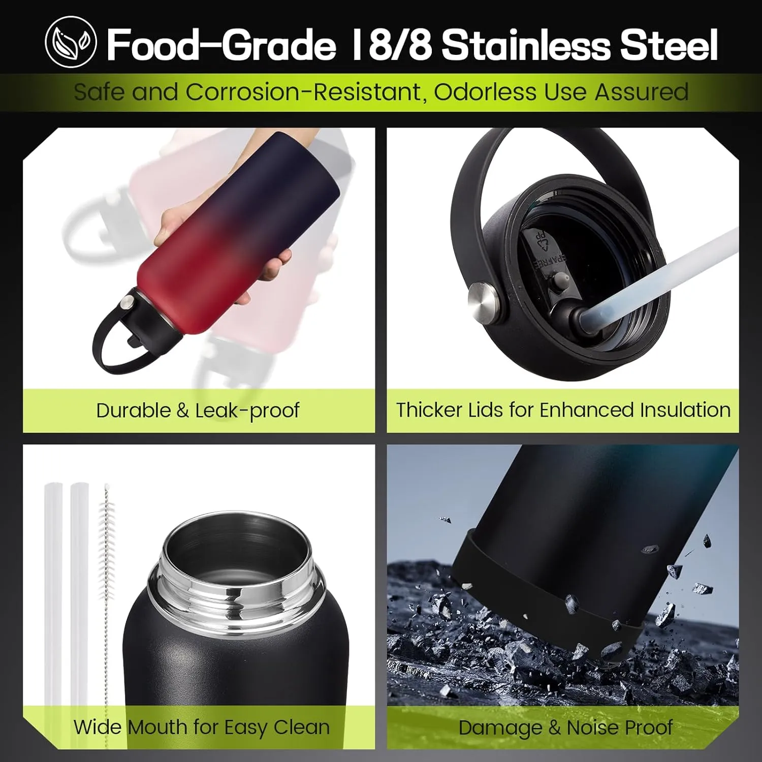 32oz Insulated Water Bottle Flask - Cold-48h & Hot-24h, Stainless Steel Water Bottle Hydro Cup with Paracord Handle, Straw & Spout Lids, Strap Carrier Bag, Meta Water Bottle for Sports Fitness Hiking