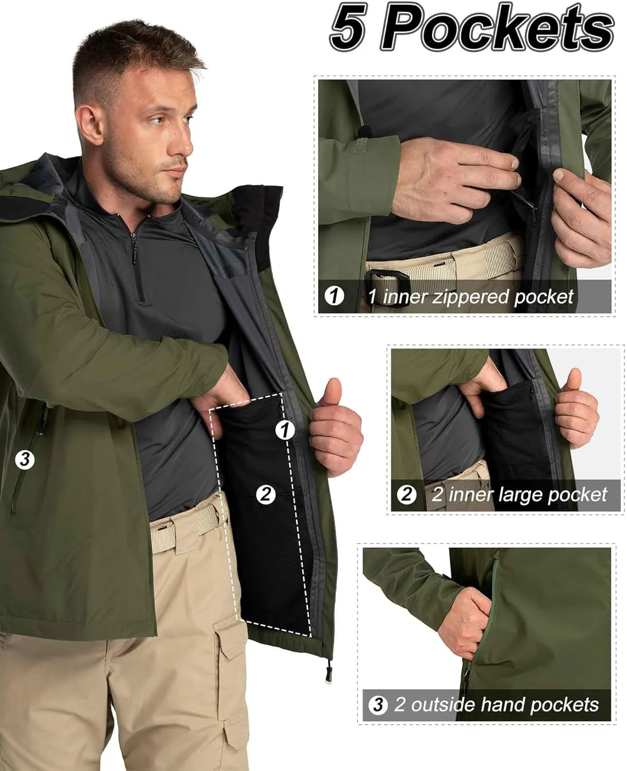 33,000ft Mens Rain Jacket, 3-Layer Performance Lightweight Rain Jackets Waterproof with Hood for Hiking Ski Sailing Cycling
