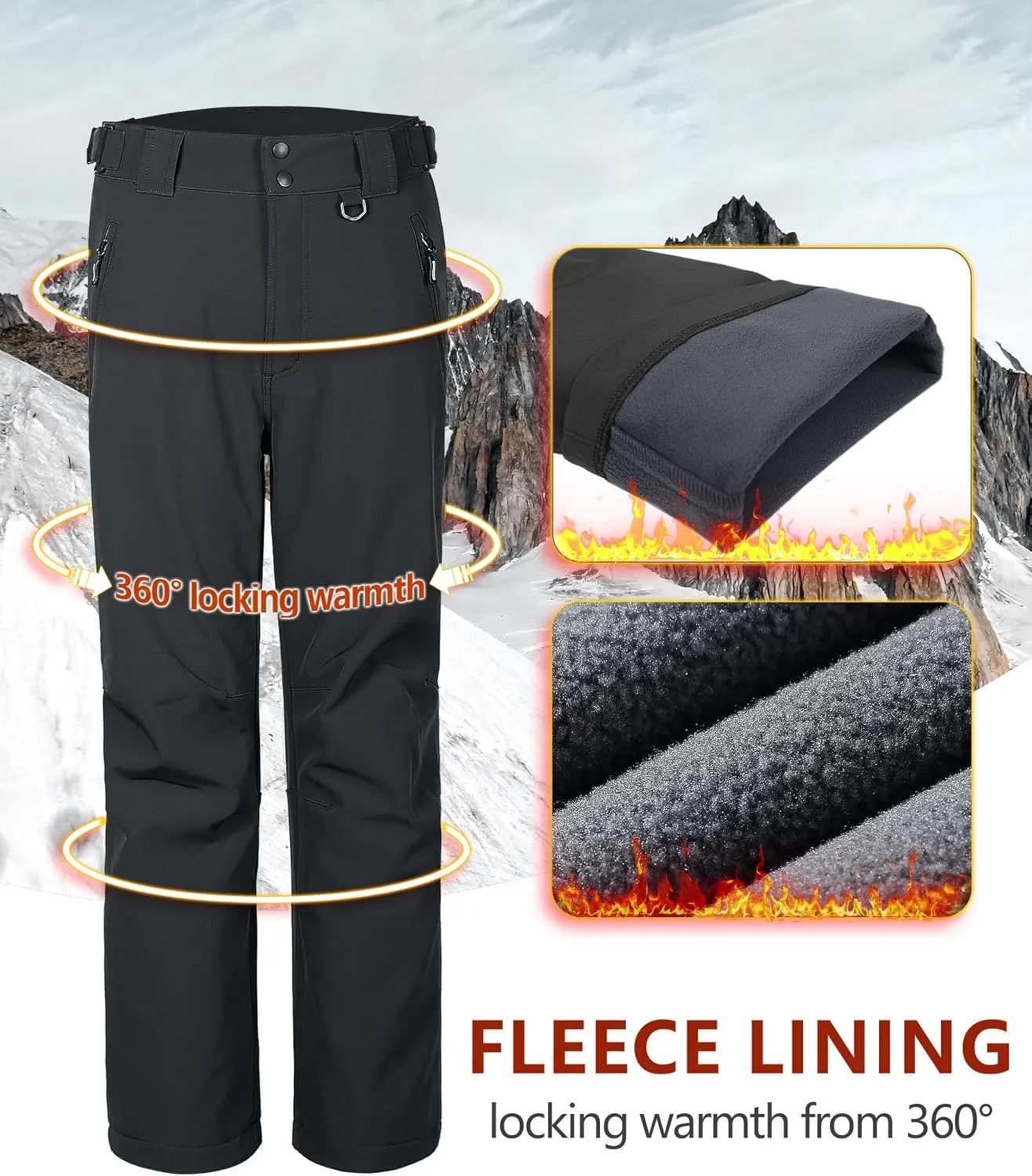 33,000ft Men's Winter Snow Ski Fleece Lined Pants Warm Waterproof Softshell Insulated for Snowboard Outdoor Work Hiking