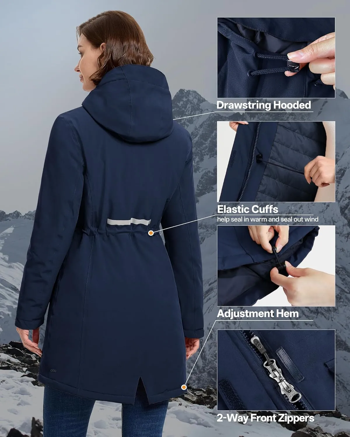 33,000ft Women's Waterproof Insulated Coats with Hood Long Thicken Warm Winter Coats Raincoat Windproof Parka Jacket Ski