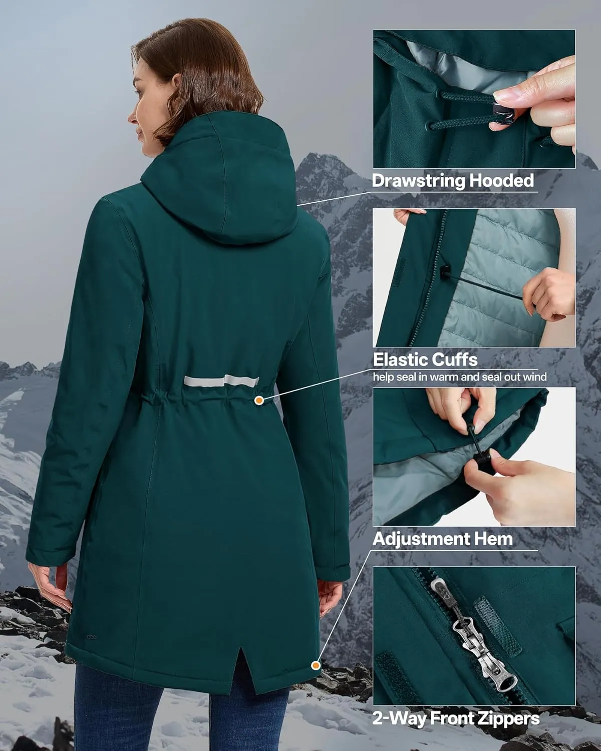 33,000ft Women's Waterproof Insulated Coats with Hood Long Thicken Warm Winter Coats Raincoat Windproof Parka Jacket Ski