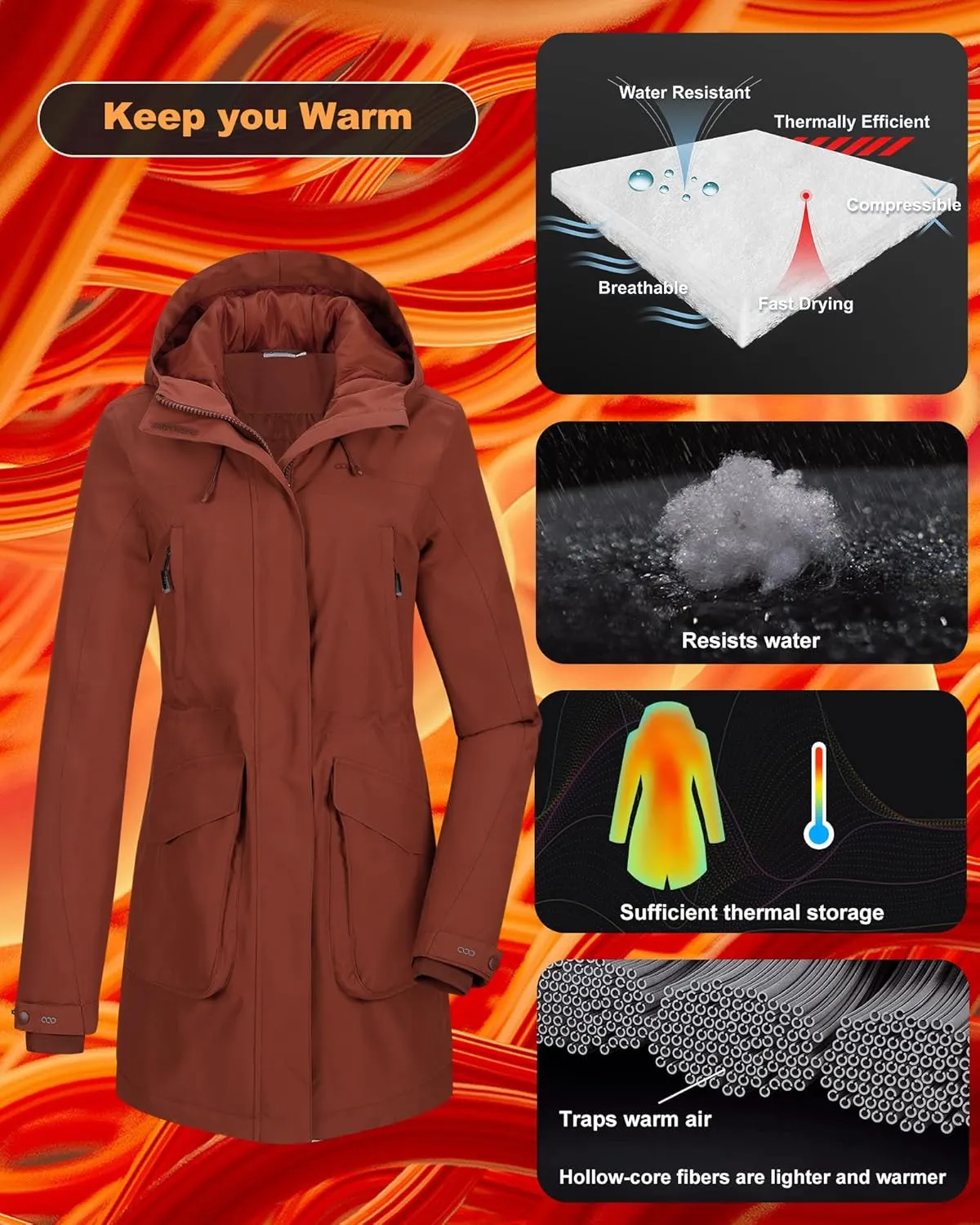 33,000ft Women's Waterproof Insulated Coats with Hood Long Thicken Warm Winter Coats Raincoat Windproof Parka Jacket Ski