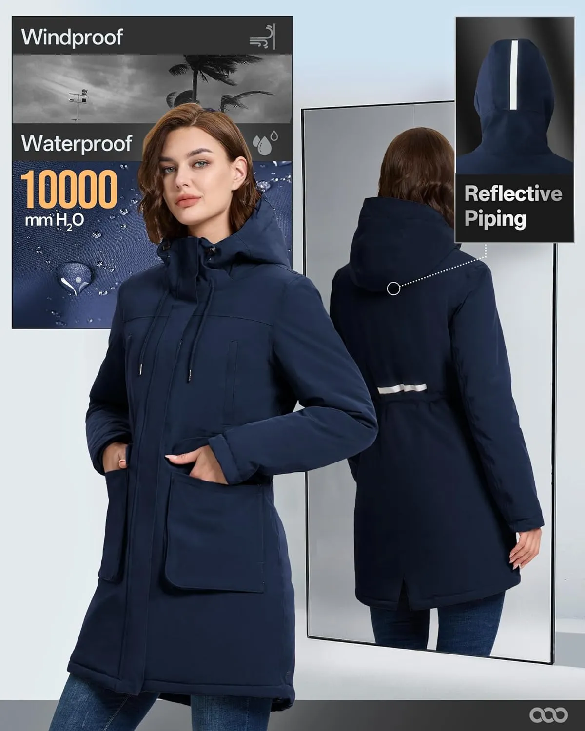 33,000ft Women's Waterproof Insulated Coats with Hood Long Thicken Warm Winter Coats Raincoat Windproof Parka Jacket Ski