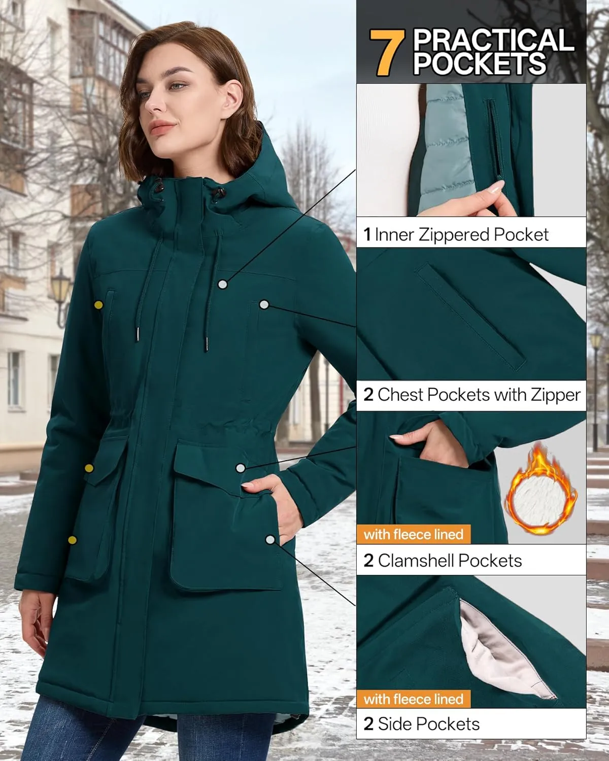 33,000ft Women's Waterproof Insulated Coats with Hood Long Thicken Warm Winter Coats Raincoat Windproof Parka Jacket Ski