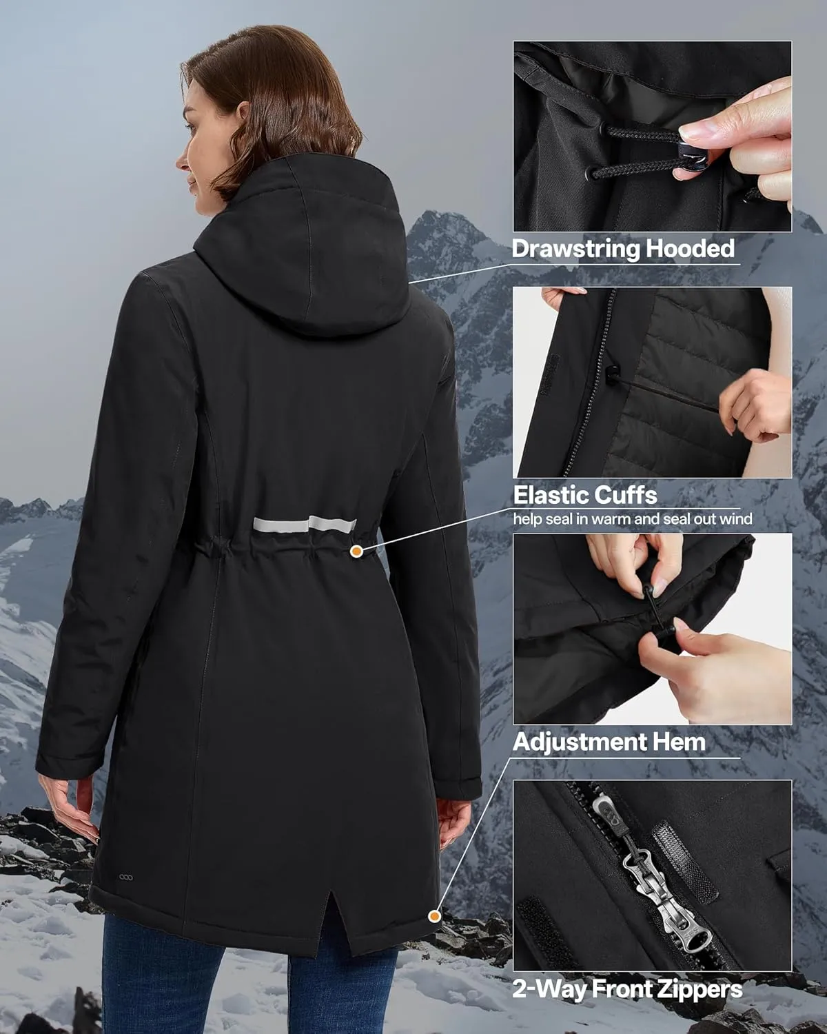 33,000ft Women's Waterproof Insulated Coats with Hood Long Thicken Warm Winter Coats Raincoat Windproof Parka Jacket Ski