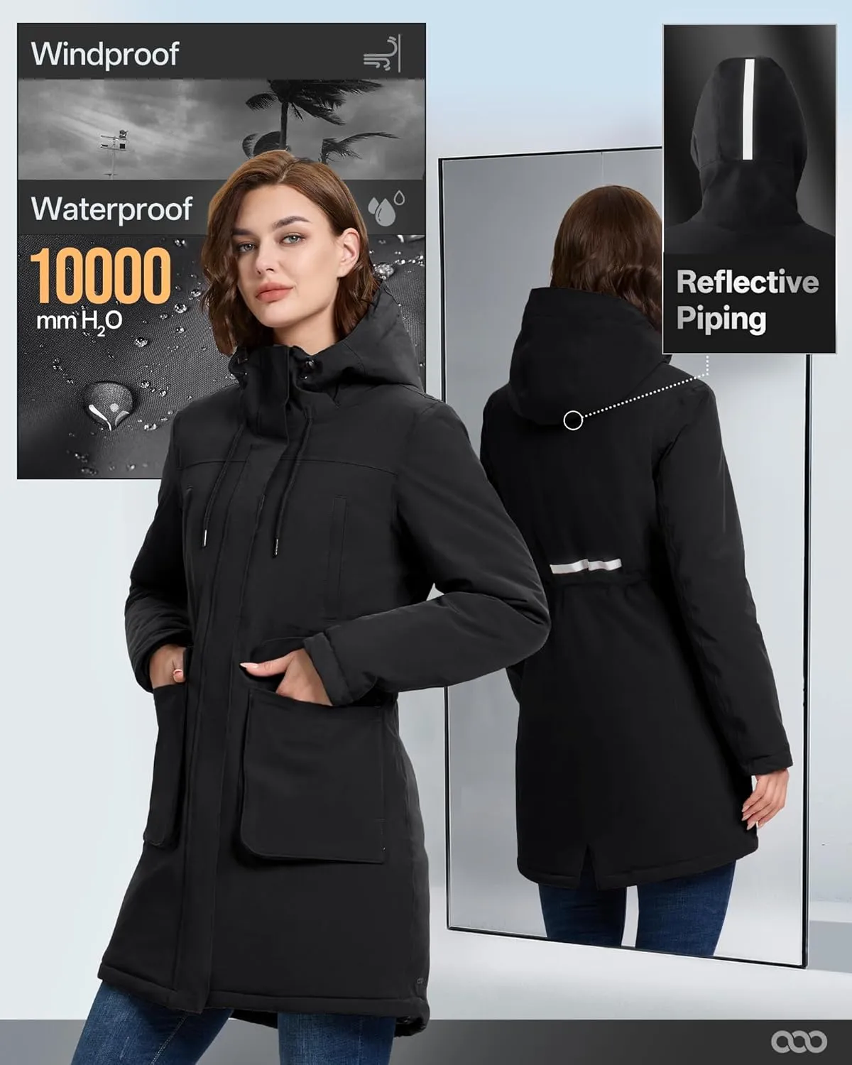 33,000ft Women's Waterproof Insulated Coats with Hood Long Thicken Warm Winter Coats Raincoat Windproof Parka Jacket Ski