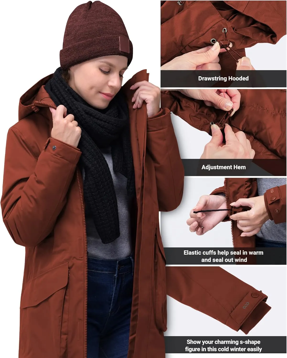33,000ft Women's Waterproof Insulated Coats with Hood Long Thicken Warm Winter Coats Raincoat Windproof Parka Jacket Ski