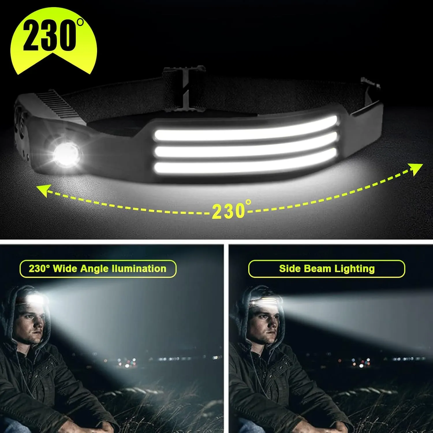 3Pack Reargeable Head Lamp Headlamp 230° Wide Beam Headlamp Flashlight with 3 Light Sorce, Lightweight Waterproof Headlamps for Camping Running Hiking