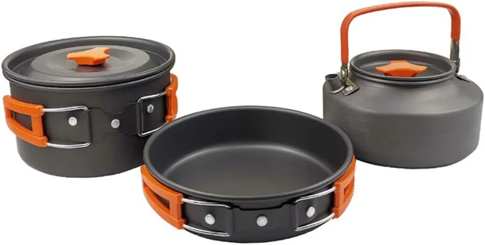3pcs/Set Outdoor Camping Hiking Cookware Utensils 2-3 People Portable Travel Picnic Teapot Pot Frying Pan Cooking Tableware (Color : A)