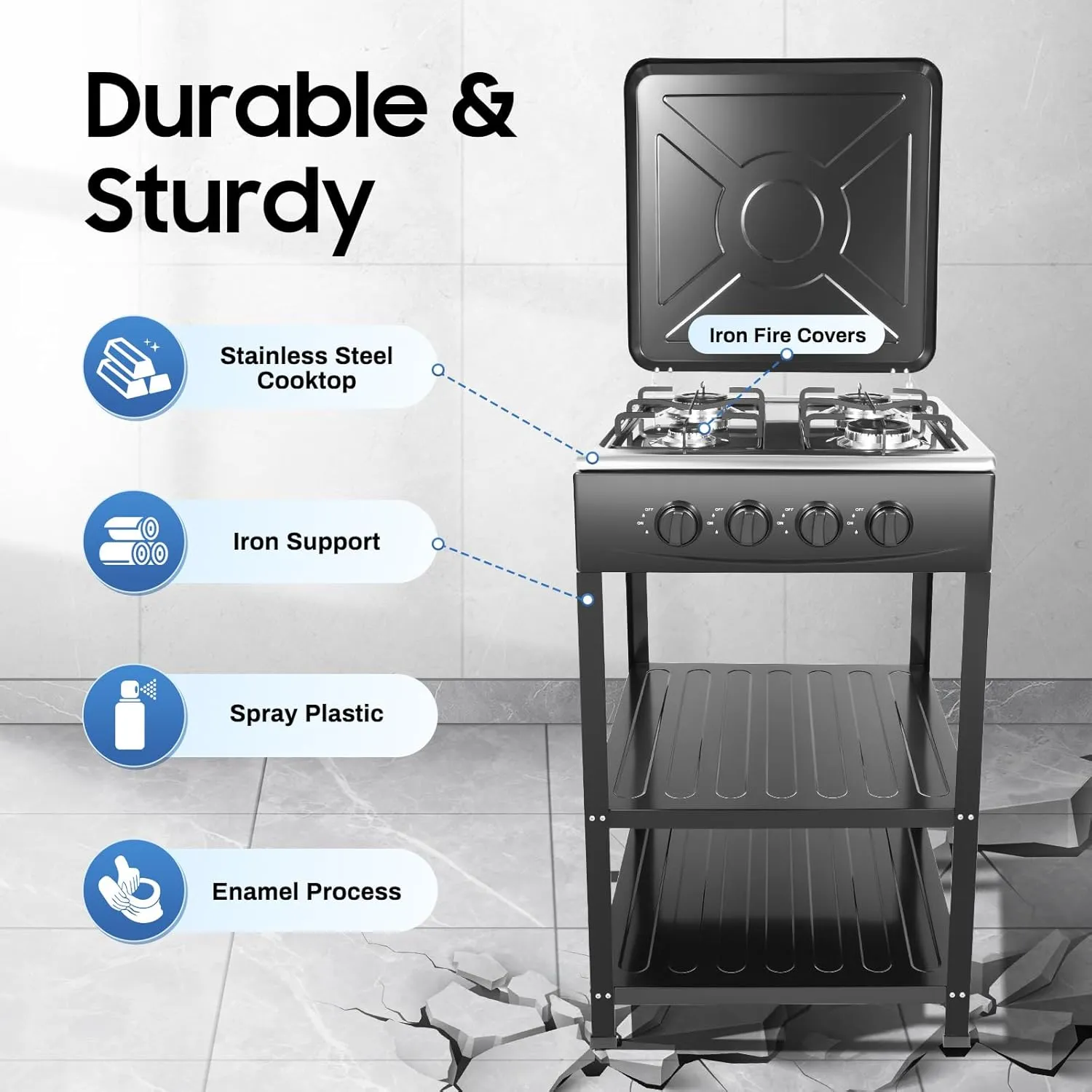 4 Burner Gas Stove,Outdoor Portable Gas Stove with Support Leg Stand, Wind Blocking Cover Adapter and Storage Shelves, Manual Ignition Camping Stove for RV Backyard Outdoor Cooking Camping,Black