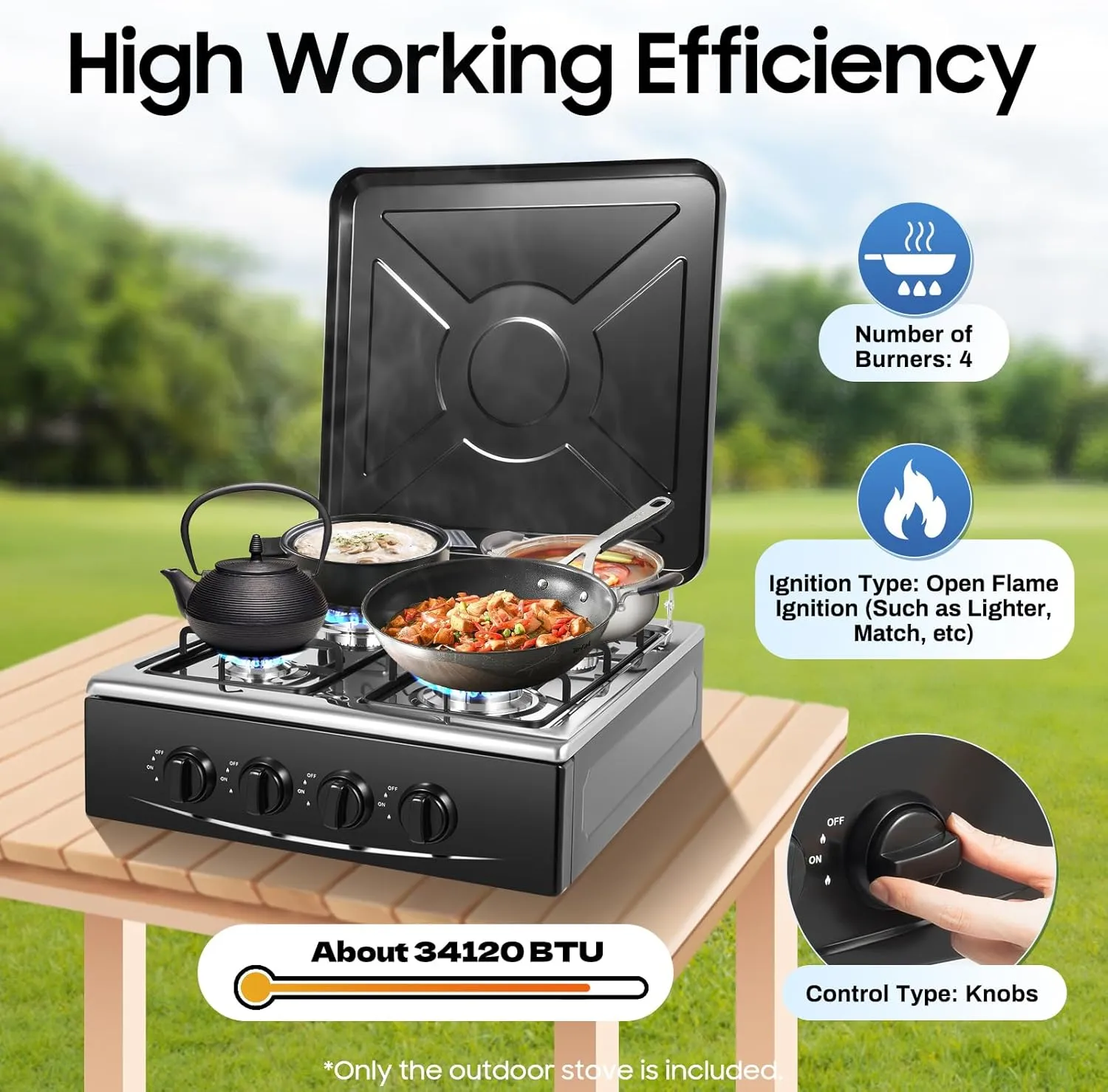 4 Burner Gas Stove,Outdoor Portable Gas Stove with Support Leg Stand, Wind Blocking Cover Adapter and Storage Shelves, Manual Ignition Camping Stove for RV Backyard Outdoor Cooking Camping,Black