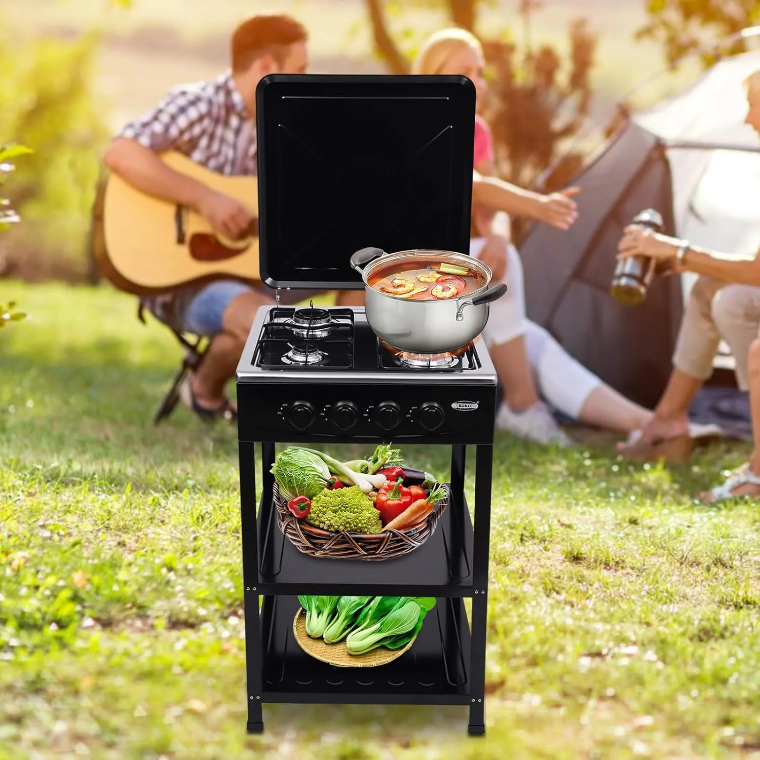 4 Burner Gas Stove,Outdoor Portable Gas Stove with Support Leg Stand, Wind Blocking Cover Adapter and Storage Shelves, Manual Ignition Camping Stove for RV Backyard Outdoor Cooking Camping,Black