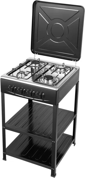 4 Burner Gas Stove,Outdoor Portable Gas Stove with Support Leg Stand, Wind Blocking Cover Adapter and Storage Shelves, Manual Ignition Camping Stove for RV Backyard Outdoor Cooking Camping,Black