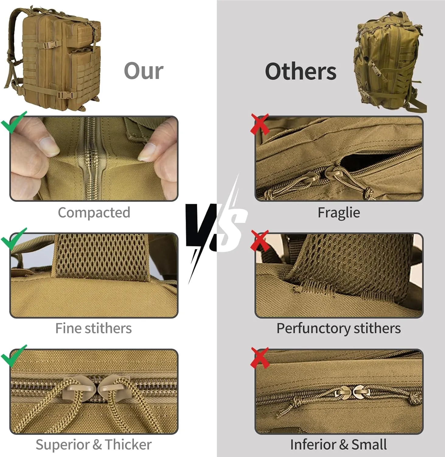 45L Military Tactical Backpack Large Army Molle Assault Bag 3 Day Daypack for Men Hiking Camping Work, Khaki Tactical Backpack with Water Pouches