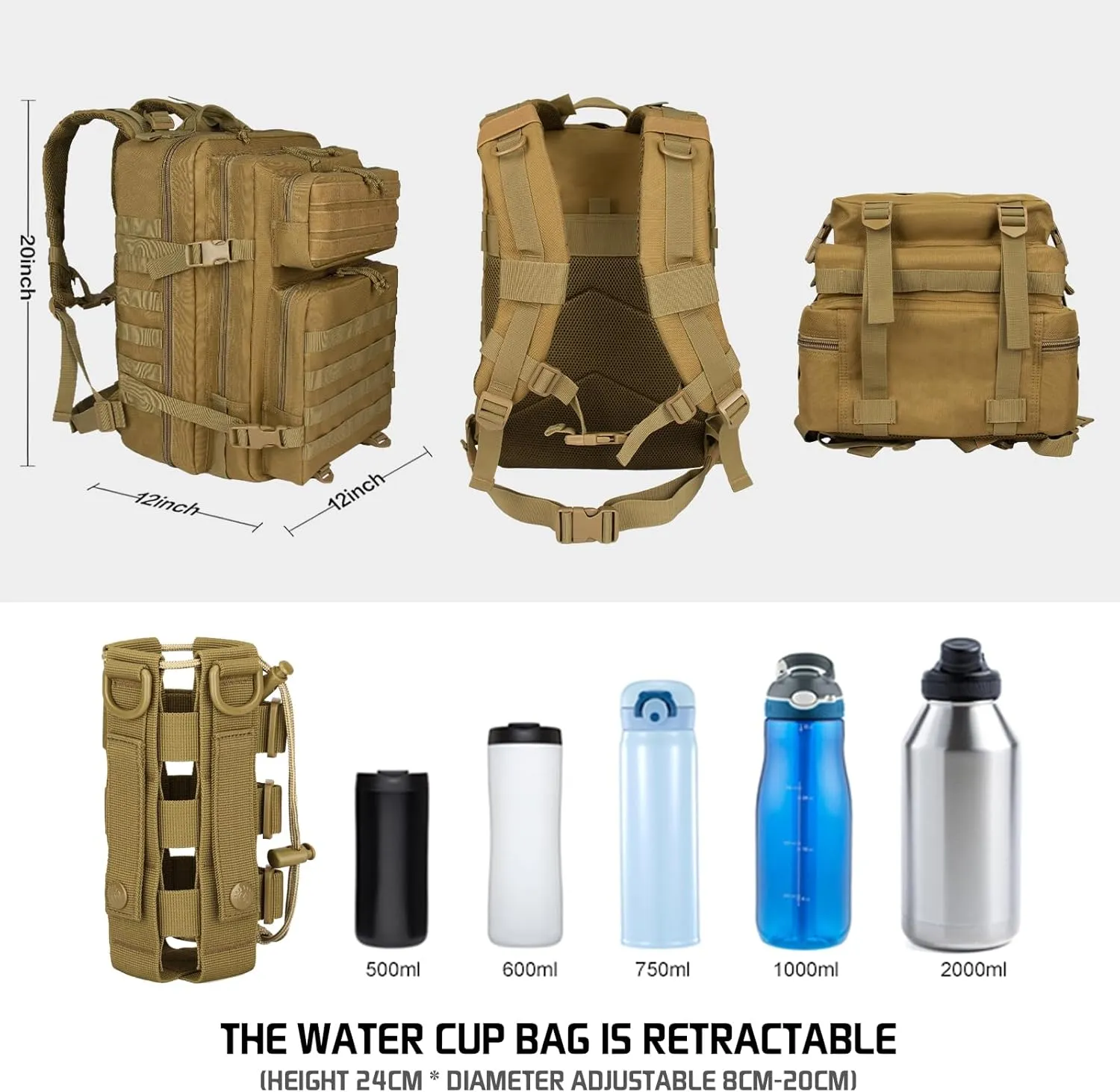 45L Military Tactical Backpack Large Army Molle Assault Bag 3 Day Daypack for Men Hiking Camping Work, Khaki Tactical Backpack with Water Pouches