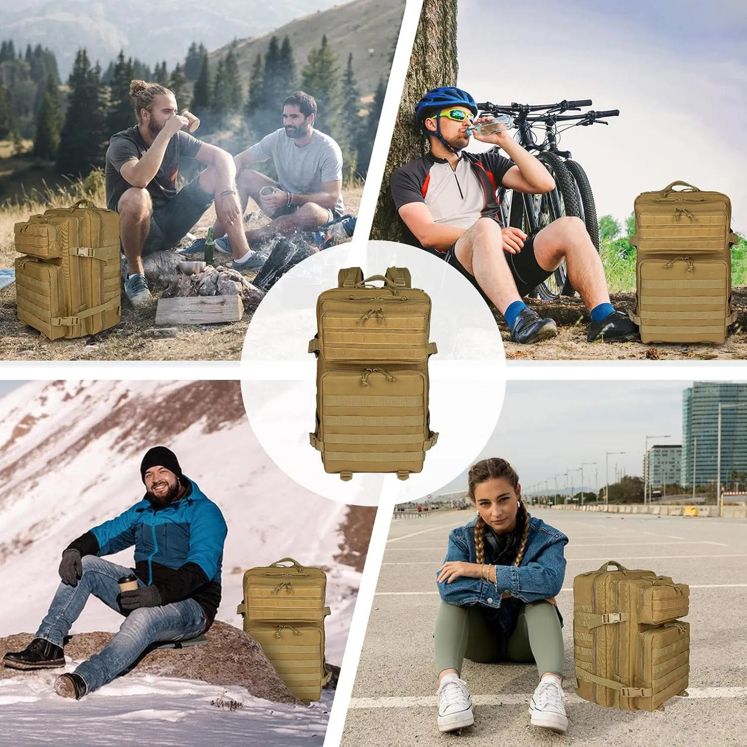 45L Military Tactical Backpack Large Army Molle Assault Bag 3 Day Daypack for Men Hiking Camping Work, Khaki Tactical Backpack with Water Pouches