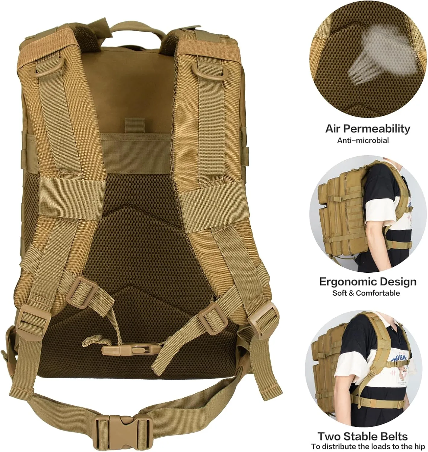 45L Military Tactical Backpack Large Army Molle Assault Bag 3 Day Daypack for Men Hiking Camping Work, Khaki Tactical Backpack with Water Pouches